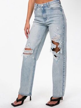 Edikted Distressed Wide Leg Jeans Light Wash High Rise Baggy Y2K Grunge M